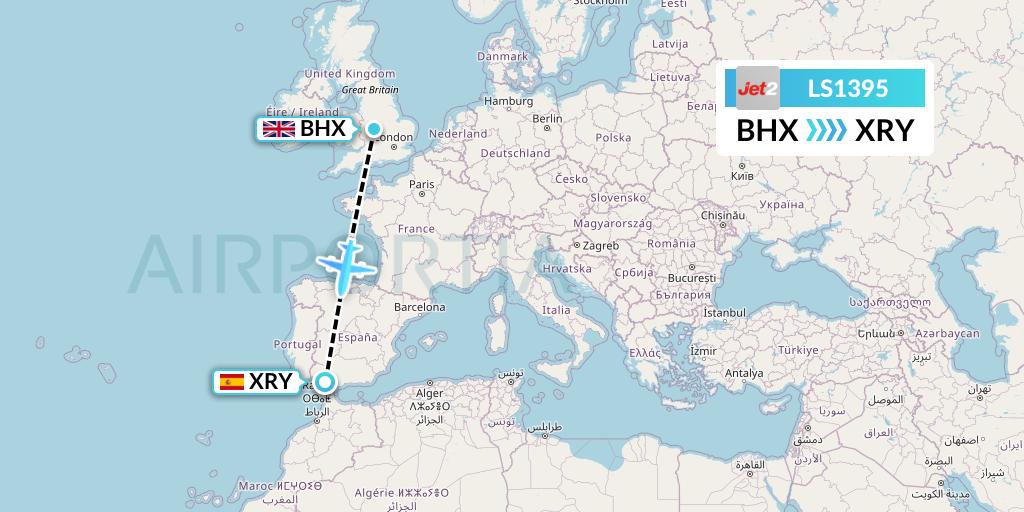 LS1395 Jet2 Flight Map: Birmingham to Jerez