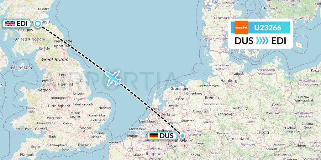 U23266 EasyJet Flight Map: Dusseldorf to Edinburgh