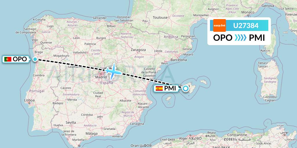 U27384 EasyJet Flight Map: Porto to Palma de Mallorca