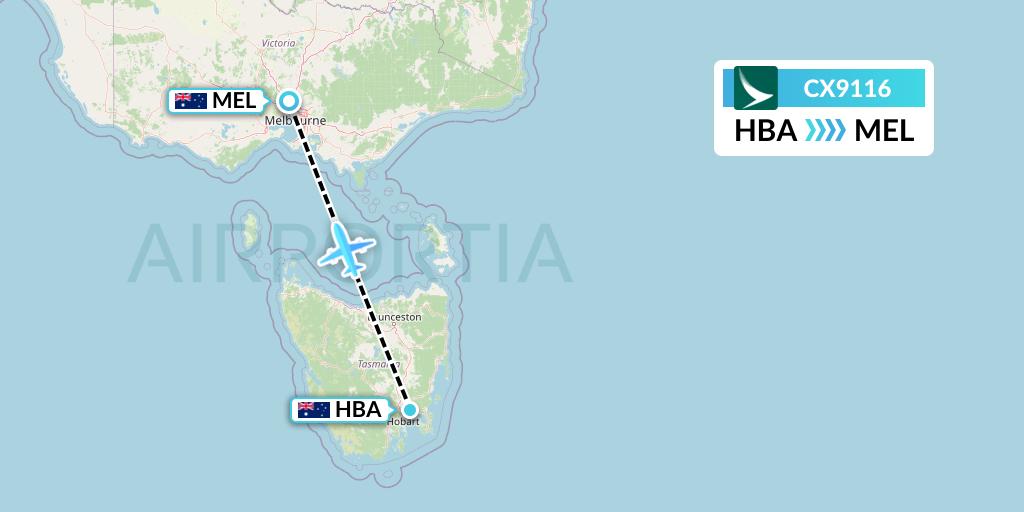 CX9116 Cathay Pacific Flight Map: Hobart to Melbourne