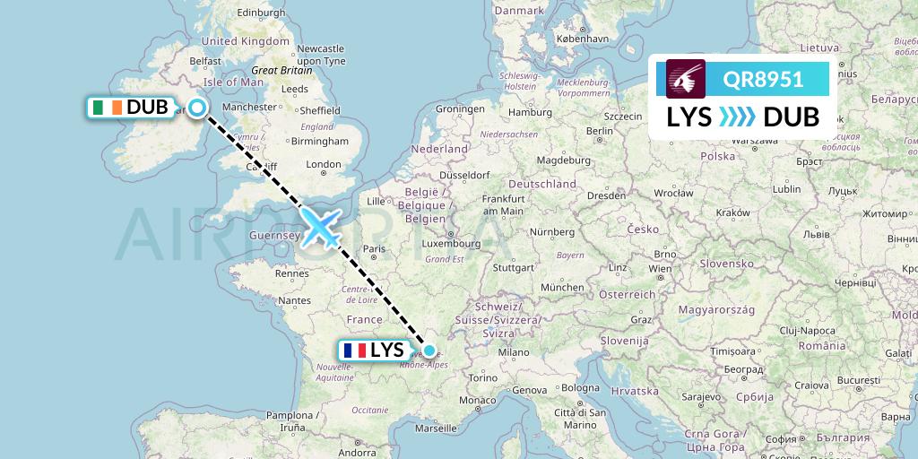 QR8951 Qatar Airways Flight Map: Lyon to Dublin