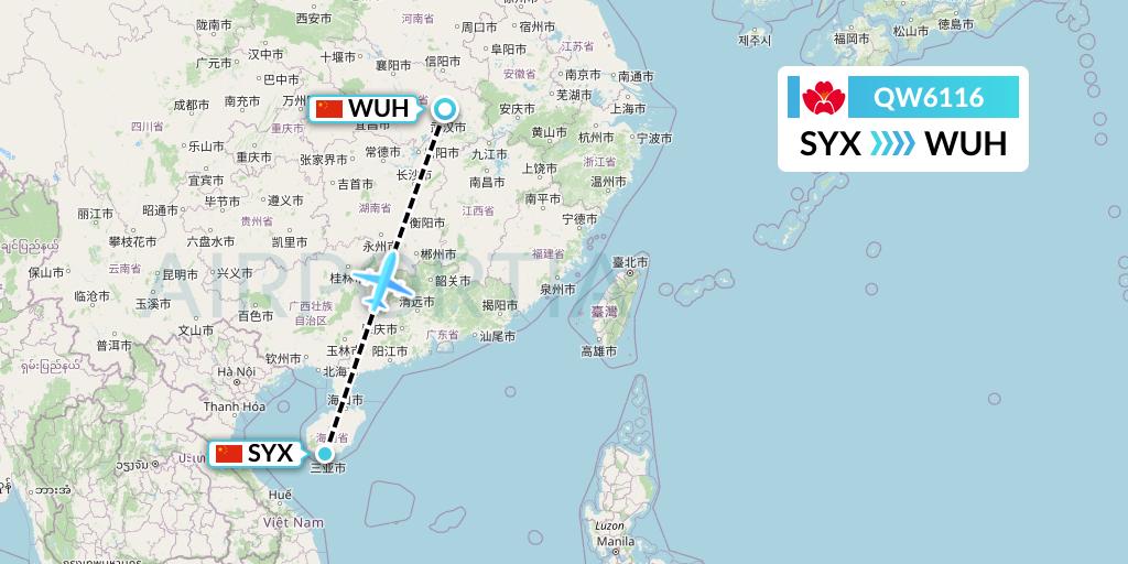 QW6116 Qingdao Airlines Flight Map: Sanya to Wuhan