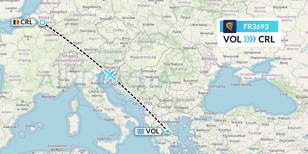 FR3693 Ryanair Flight Map: Volos to Brussels