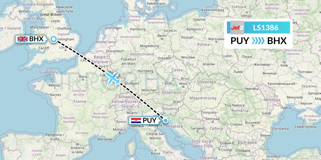 LS1386 Jet2 Flight Map: Pula to Birmingham