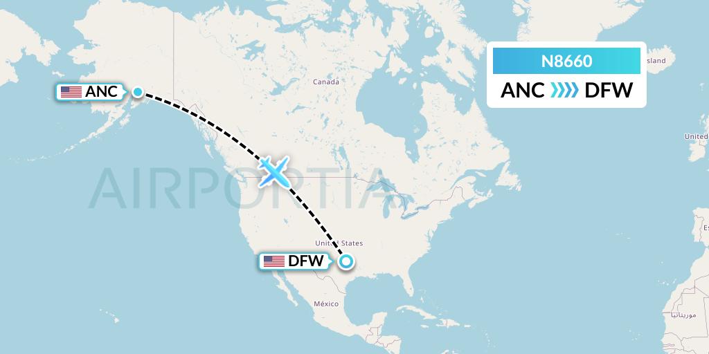 N8660 National Airlines Flight Map: Anchorage to Dallas