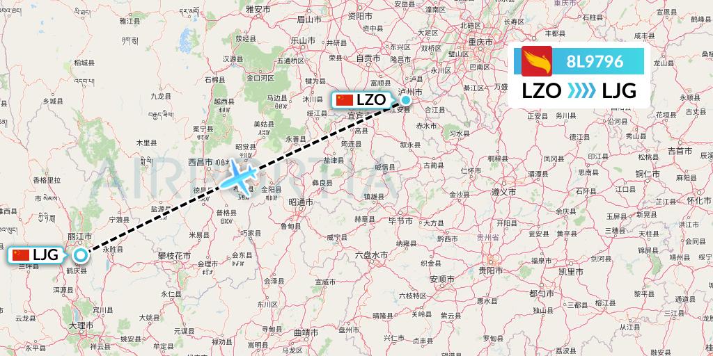 8L9796 Lucky Air Flight Map: Luzhou to Lijiang