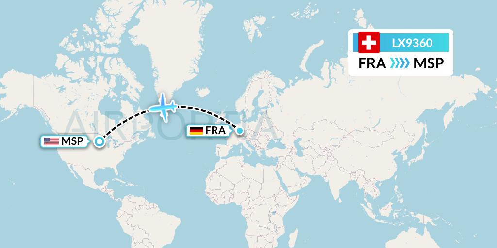 LX9360 Swiss Flight Map: Frankfurt to Minneapolis