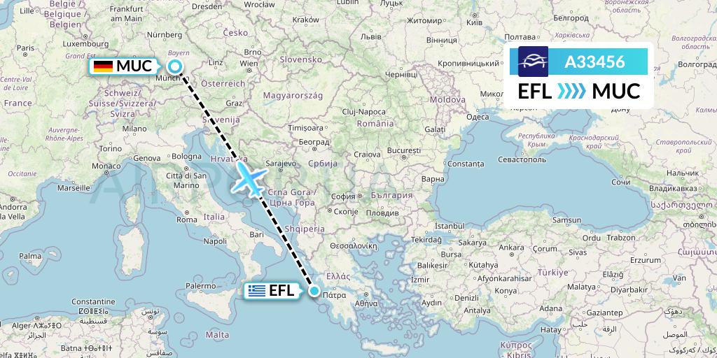A33456 Aegean Airlines Flight Map: Kefalonia to Munich