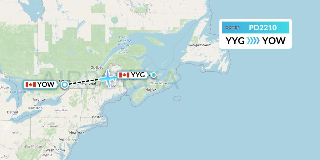 PD2210 Porter Airlines Flight Map: Charlottetown to Ottawa