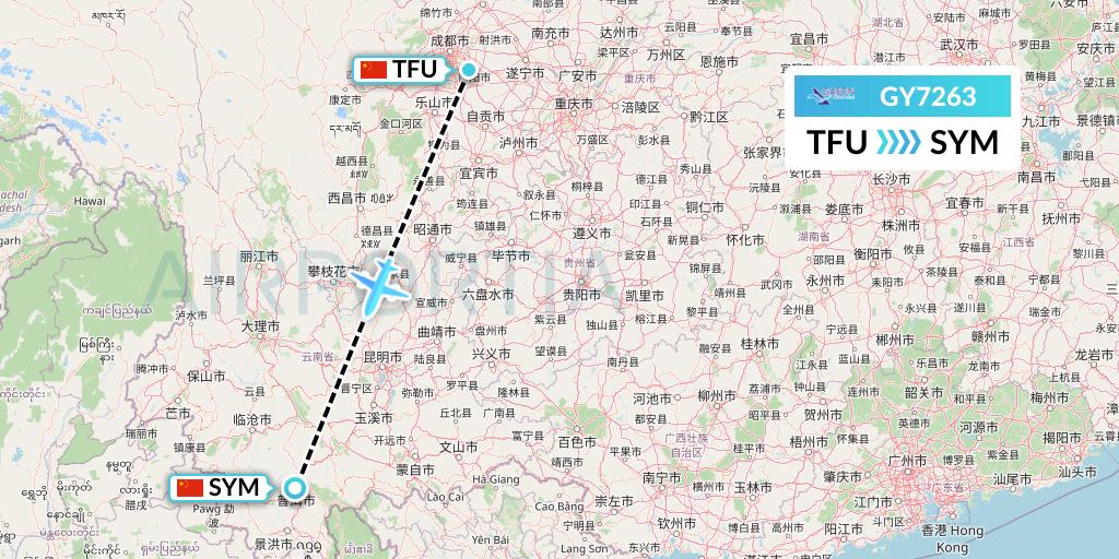 GY7263 Colorful GuiZhou Airlines Flight Map: Chengdu to Pu'er