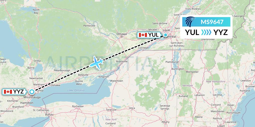 MS9647 EgyptAir Flight Map: Montreal to Toronto