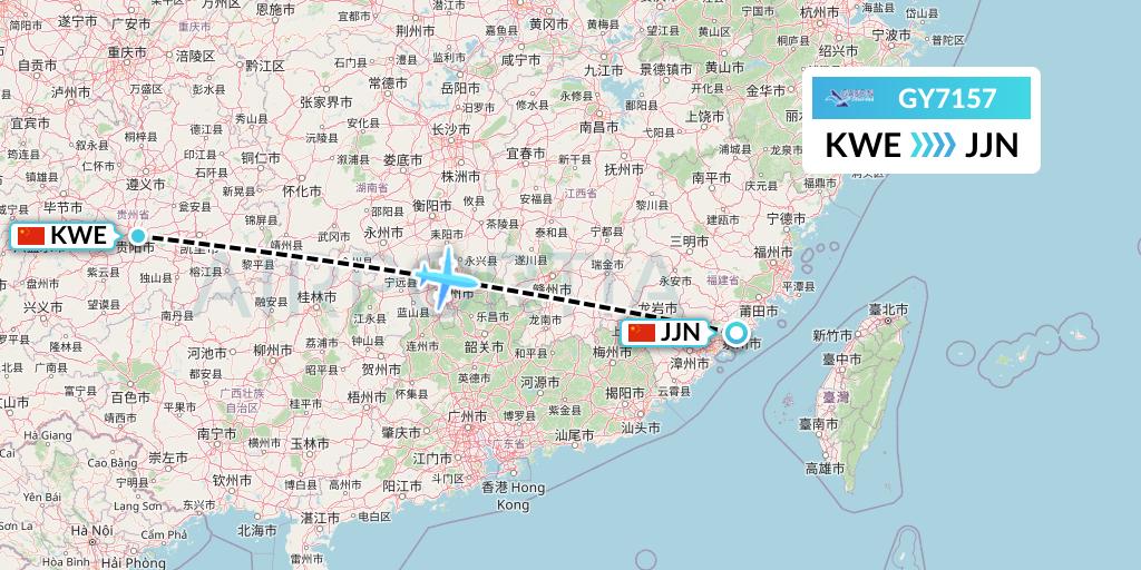 GY7157 Colorful GuiZhou Airlines Flight Map: Guiyang to Jinjiang