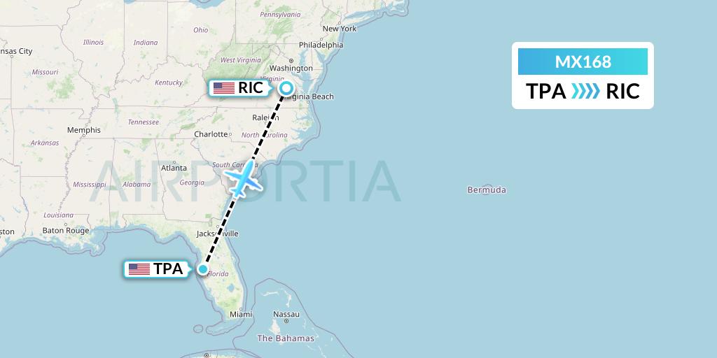 MX168 Breeze Airways Flight Map: Tampa to Richmond