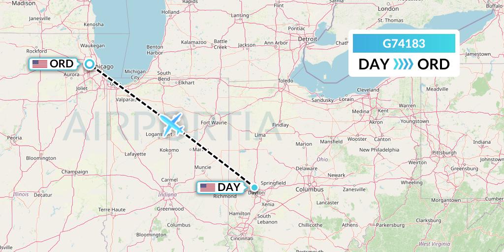 G74183 GoJet Flight Map: Dayton to Chicago