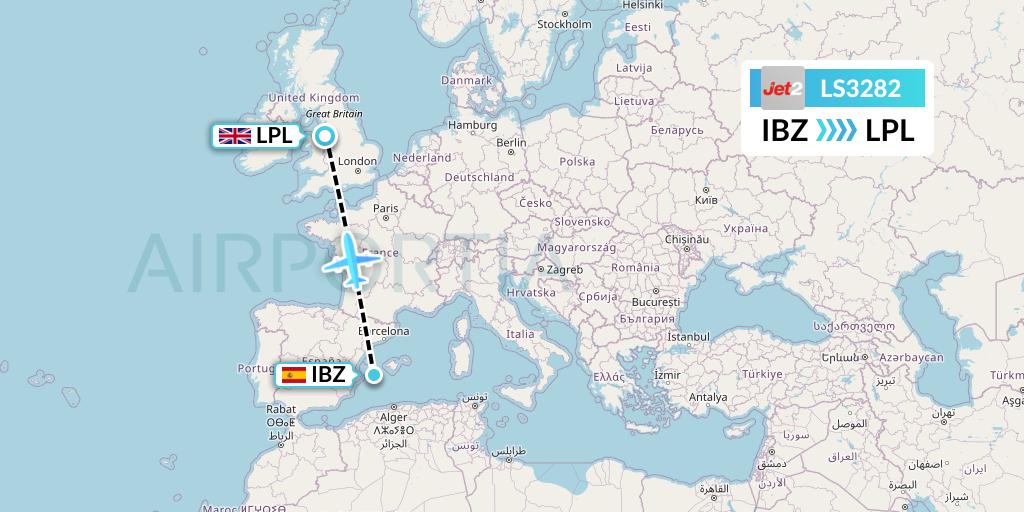 LS3282 Jet2 Flight Map: Ibiza to Liverpool