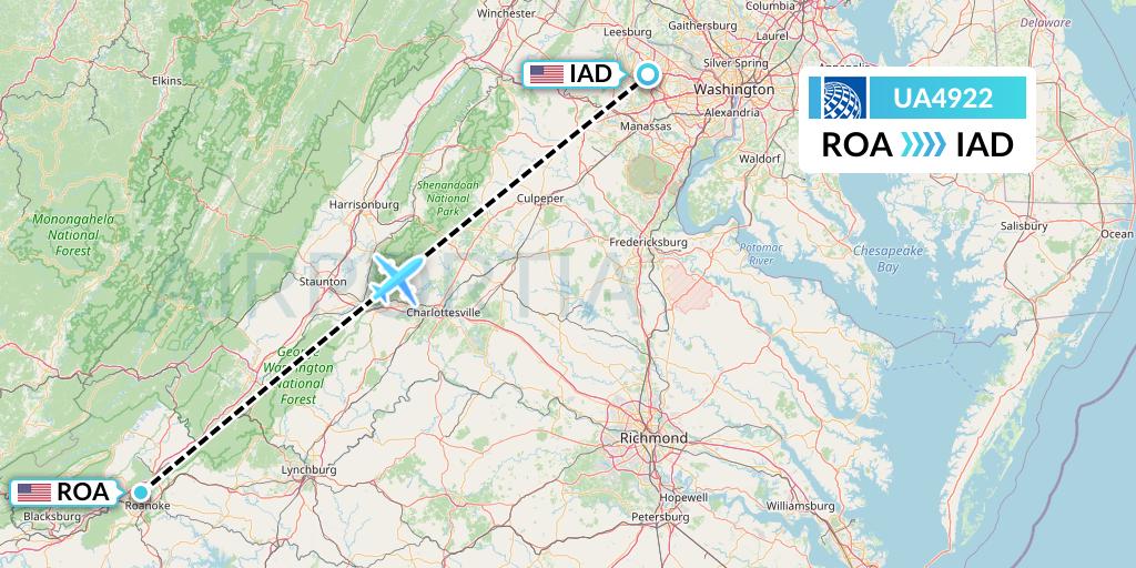 UA4922 United Airlines Flight Map: Roanoke to Washington