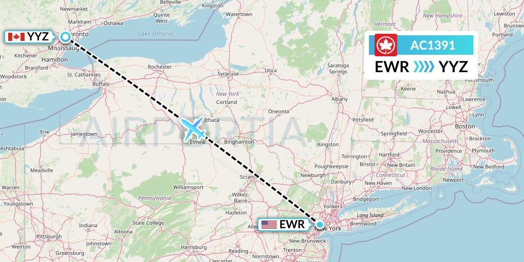 AC1391 Air Canada Flight Map: New York to Toronto
