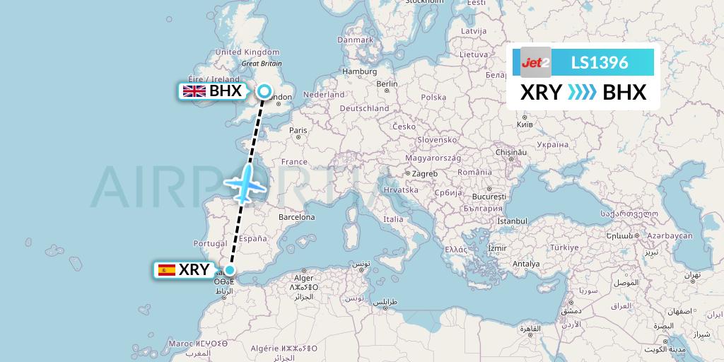 LS1396 Jet2 Flight Map: Jerez to Birmingham