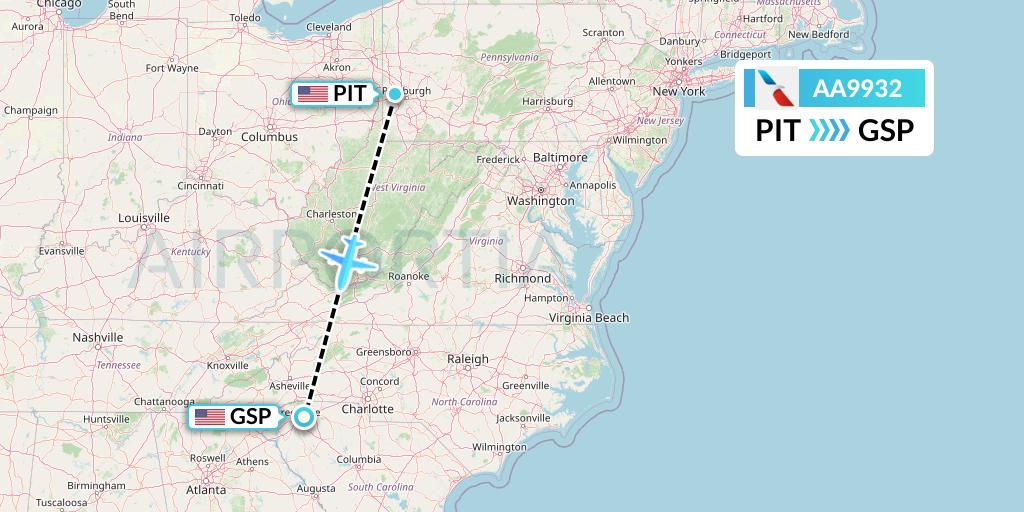 AA9932 American Airlines Flight Map: Pittsburgh to Greenville-Spartanburg