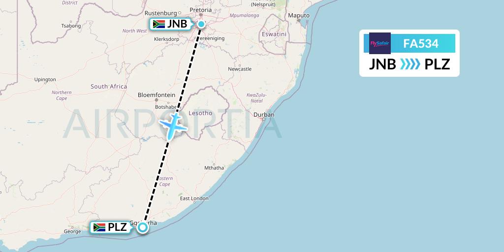 FA534 Safair Flight Map: Johannesburg to Port Elizabeth
