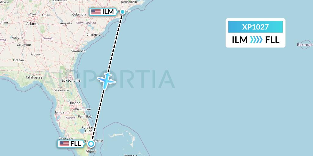 XP1027 Avelo Airlines Flight Map: Wilmington to Fort Lauderdale