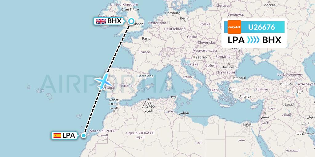 U26676 EasyJet Flight Map: Las Palmas to Birmingham