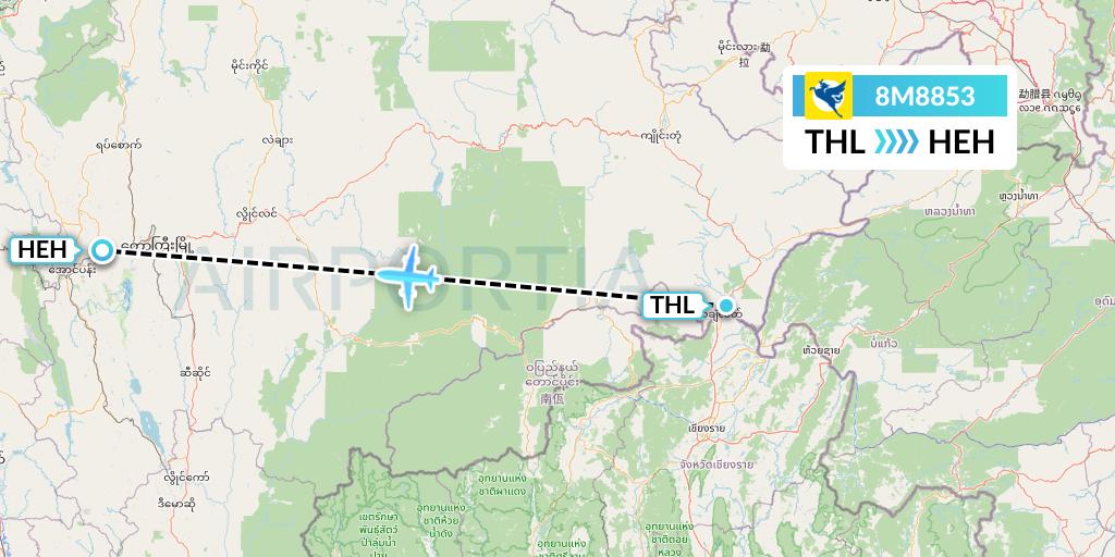 8M8853 Myanmar Airways International Flight Map: Tachilek to Heho
