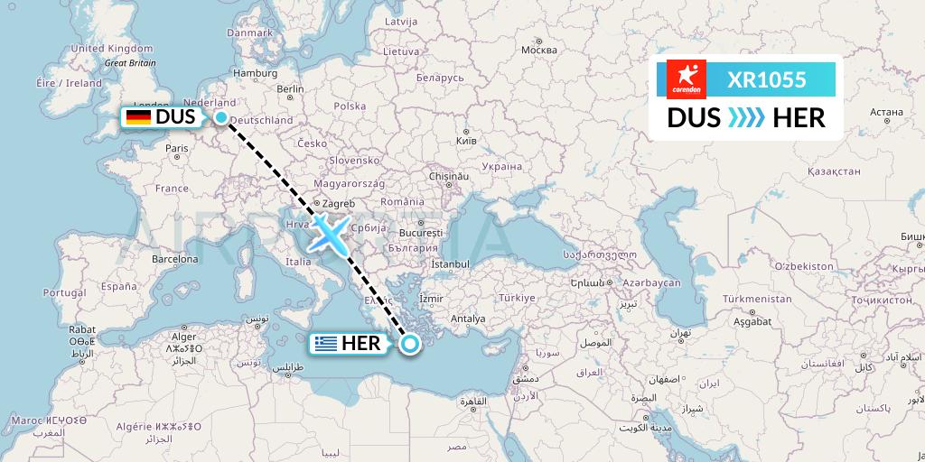 XR1055 Corendon Airlines Europe Flight Map: Dusseldorf to Heraklion