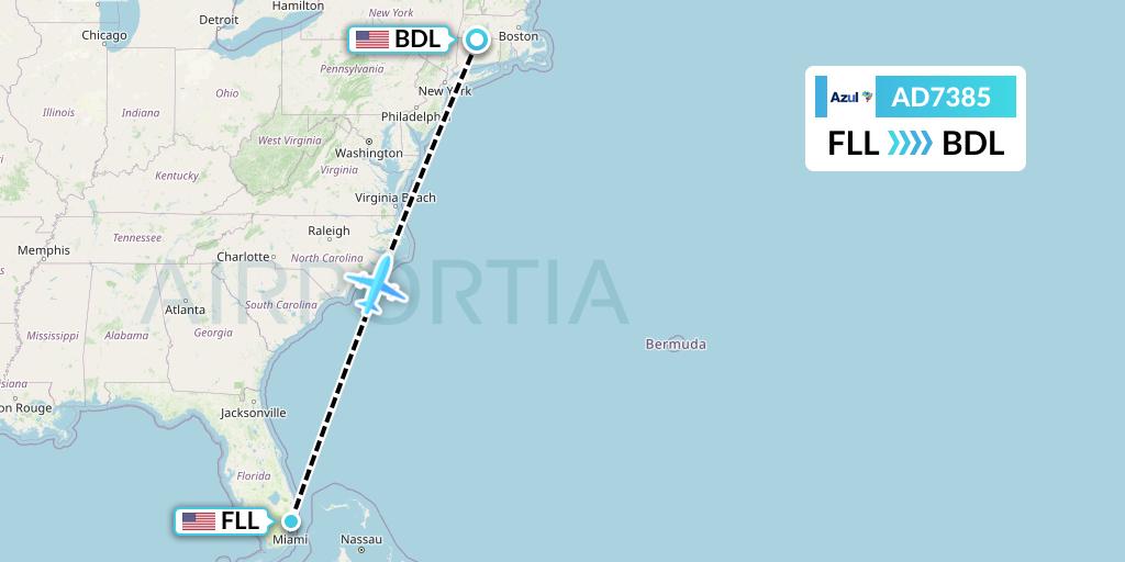 AD7385 Azul Brazilian Airlines Flight Map: Fort Lauderdale to Windsor Locks