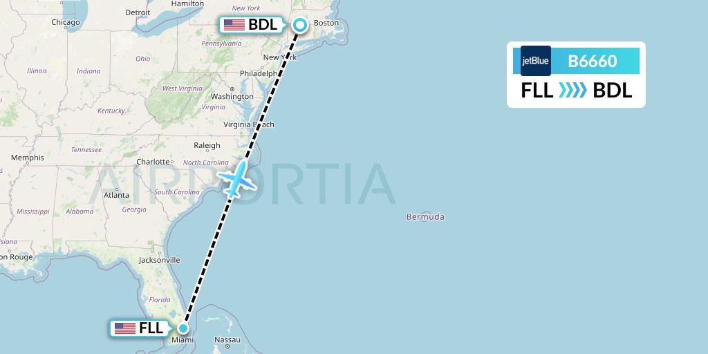B6660 JetBlue Airways Flight Map: Fort Lauderdale to Windsor Locks