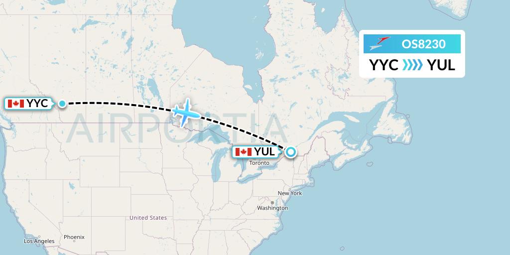 OS8230 Austrian Airlines Flight Map: Calgary to Montreal