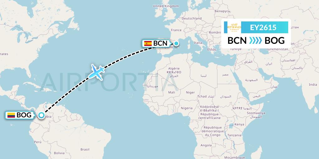 EY2615 Etihad Airways Flight Map: Barcelona to Bogota