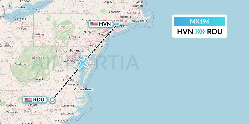 MX196 Breeze Airways Flight Map: New Haven to Raleigh-Durham
