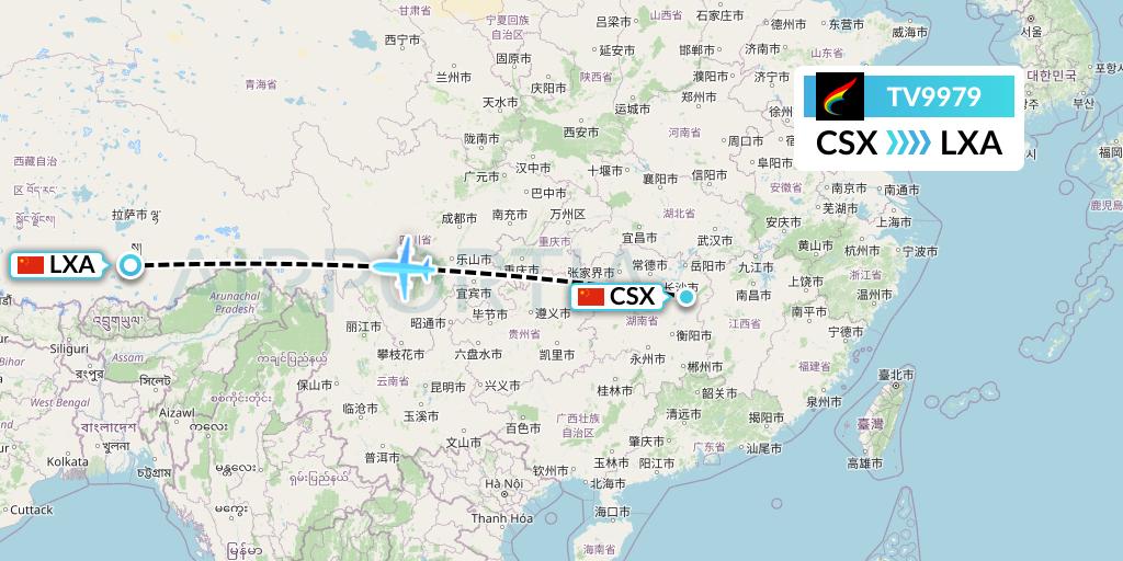 TV9979 Tibet Airlines Flight Map: Changsha to Lhasa