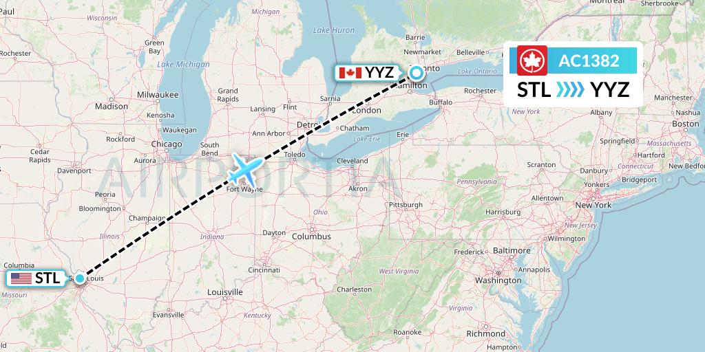 AC1382 Air Canada Flight Map: St. Louis to Toronto