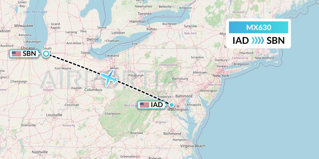 MX630 Breeze Airways Flight Map: Washington to South Bend