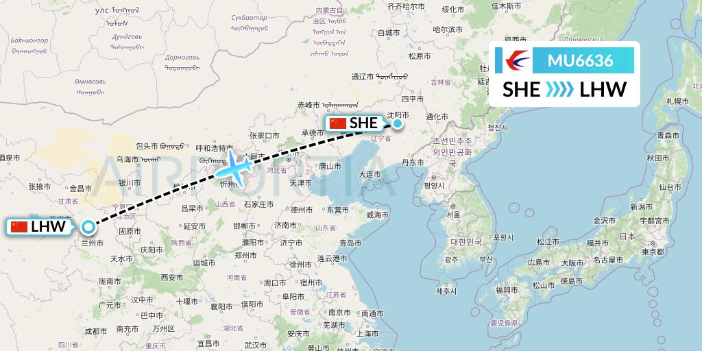 MU6636 China Eastern Airlines Flight Map: Shenyang to Lanzhou
