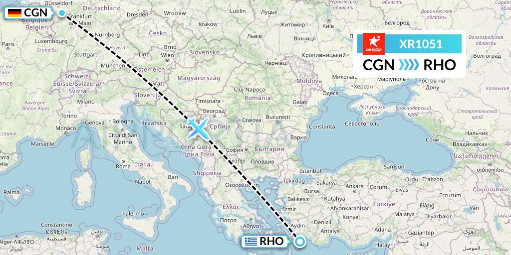 XR1051 Corendon Airlines Europe Flight Map: Cologne to Rhodes