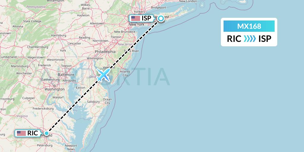 MX168 Breeze Airways Flight Map: Richmond to Islip