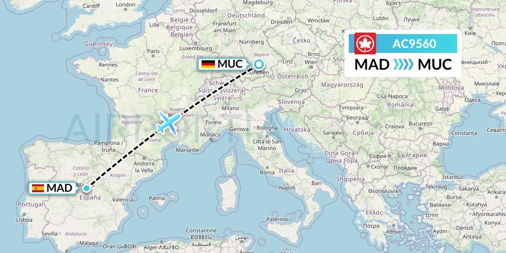 AC9560 Air Canada Flight Map: Madrid to Munich