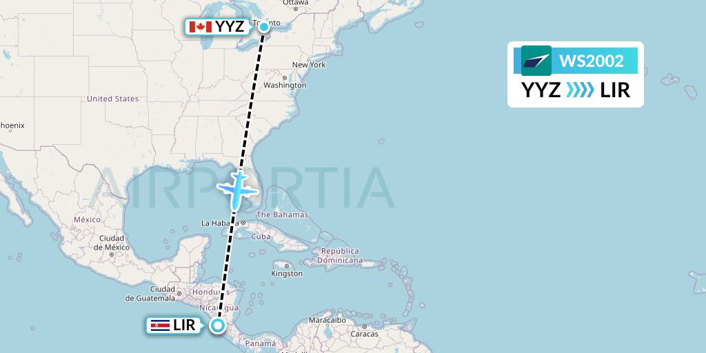 WS2002 WestJet Flight Map: Toronto to Liberia
