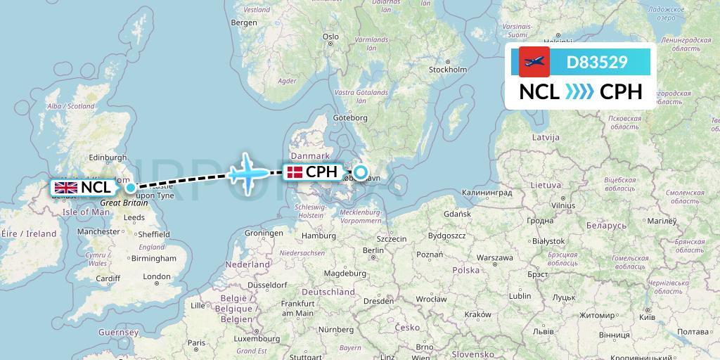 D83529 Norwegian Air International Flight Map: Newcastle to Copenhagen