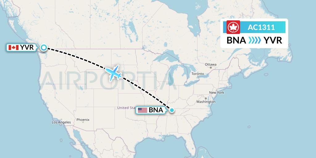 AC1311 Air Canada Flight Map: Nashville to Vancouver