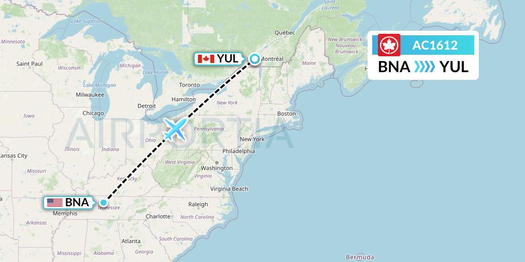 AC1612 Air Canada Flight Map: Nashville to Montreal