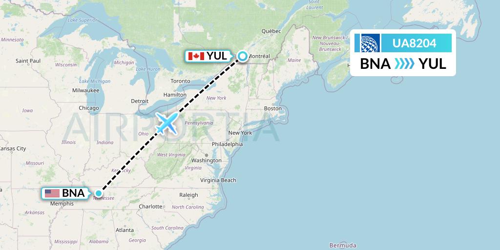 UA8204 United Airlines Flight Map: Nashville to Montreal