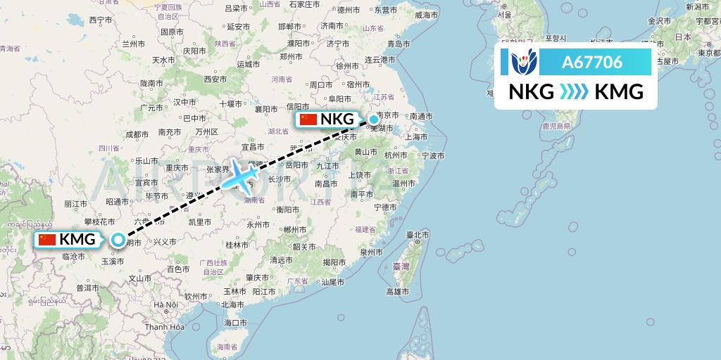 A67706 Hongtu Airlines Flight Map: Nanjing to Kunming