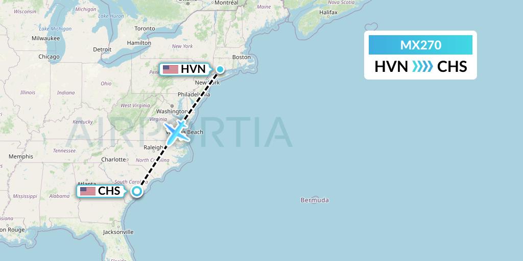 MX270 Breeze Airways Flight Map: New Haven to Charleston