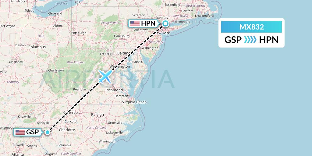 MX832 Breeze Airways Flight Map: Greenville-Spartanburg to White Plains