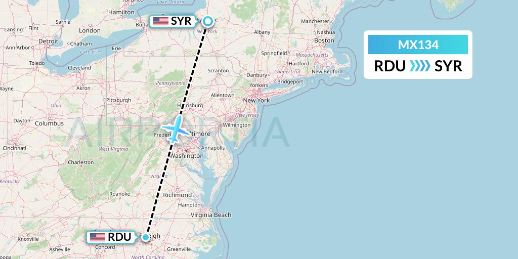 MX134 Breeze Airways Flight Map: Raleigh-Durham to Syracuse