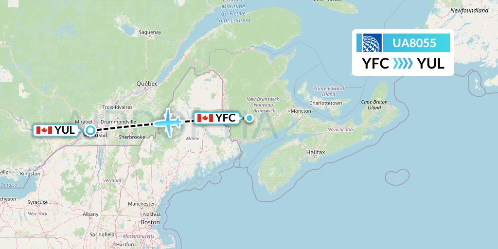 UA8055 United Airlines Flight Map: Fredericton to Montreal